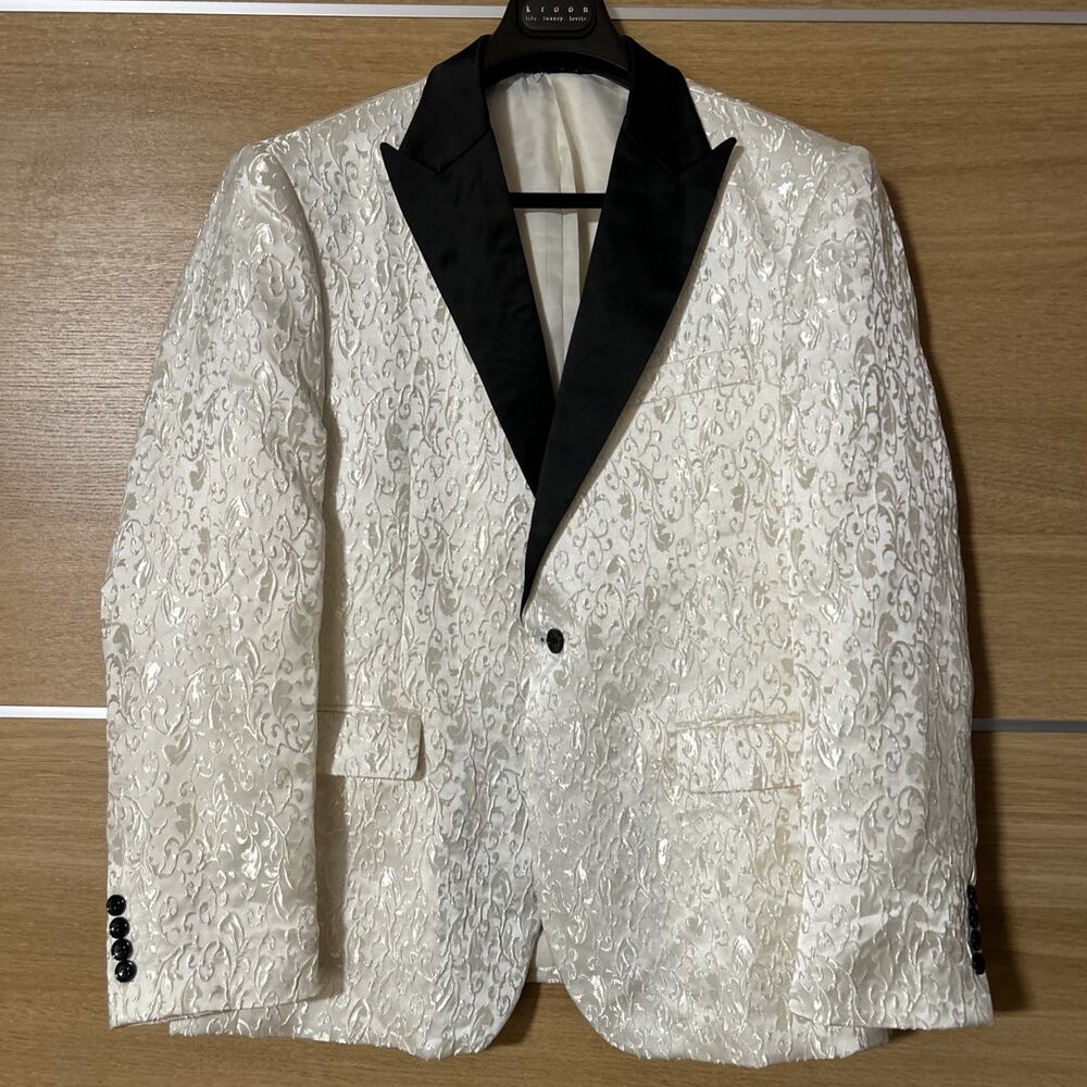 COOFANDY Men's White Floral Jacquard Tuxedo Jacket Black Peak Lapel Blazer Sz L